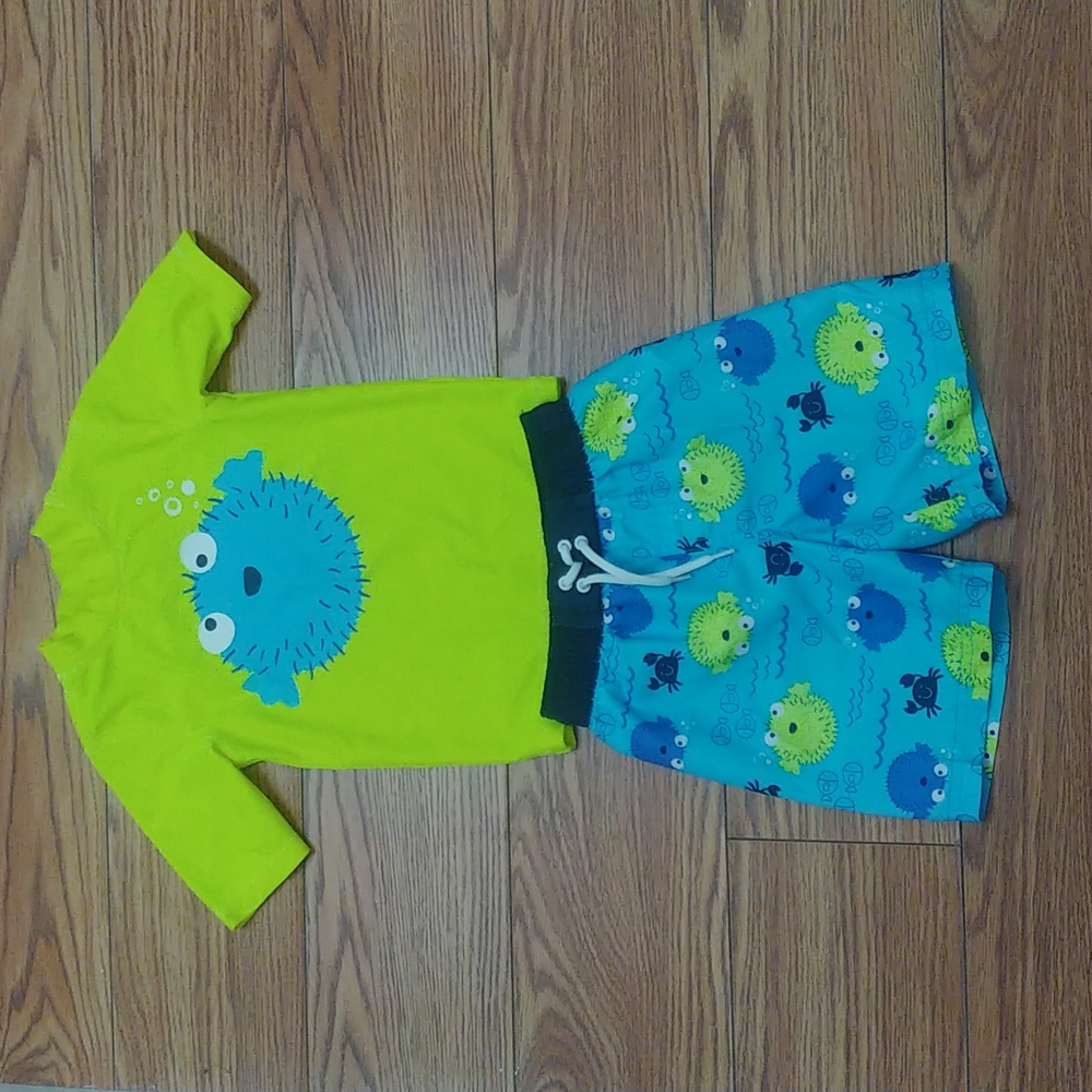 Toddler boy monster rashguard and swim trunk set. size 3t